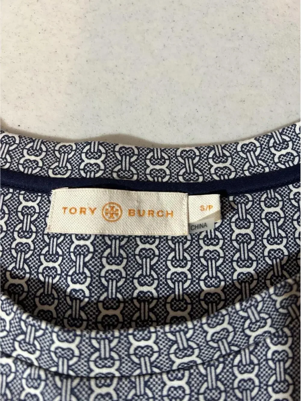 Tory Burch Corinne Stretch Knit Dress Womens S/P Gemini Chain Link Flare Navy